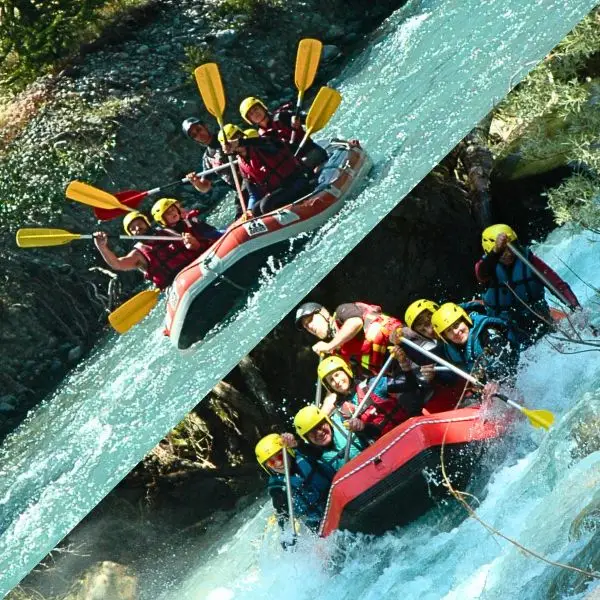l'image est divisée en deux sur les deux parties on voit un raft rouge qui descend une rivière